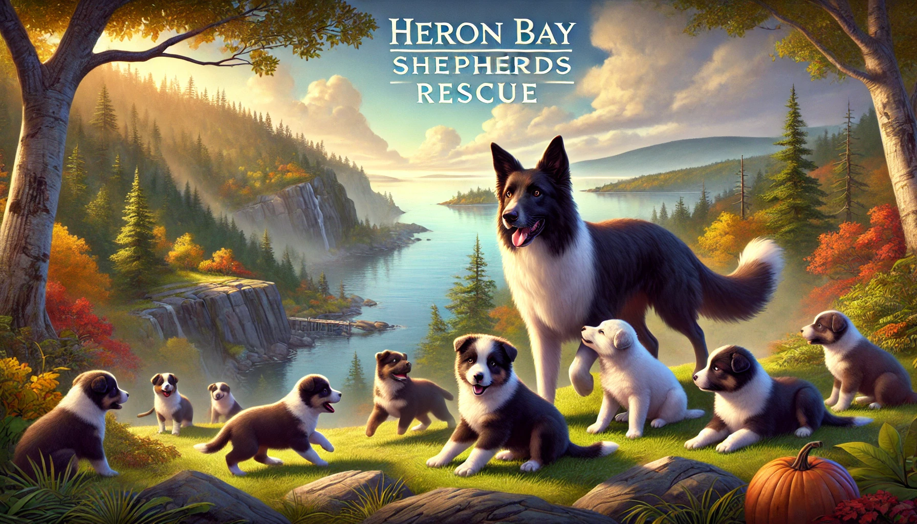 Heron Bay Cliffs Shepherds Rescue — mother dog with puppies overlooking the bay